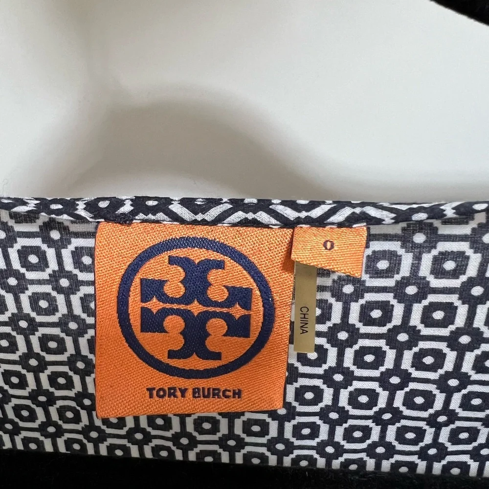TORY BURCH Evelina Voile Tunic Blouse Top Navy Blue White Print